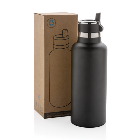 Hydro Vakuumflasche aus RCS recycel. Stainless-Steel schwarz bedrucken, Art.-Nr. P435.551
