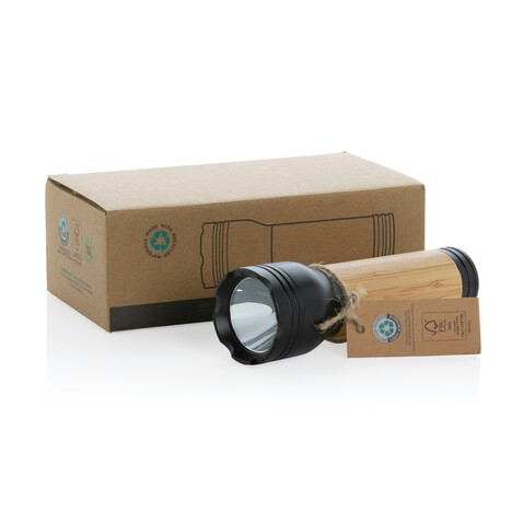 Lucid 3W Taschenlampe aus RCS recycelt. Kunststoff &amp; Bambus schwarz, braun bedrucken, Art.-Nr. P513.781
