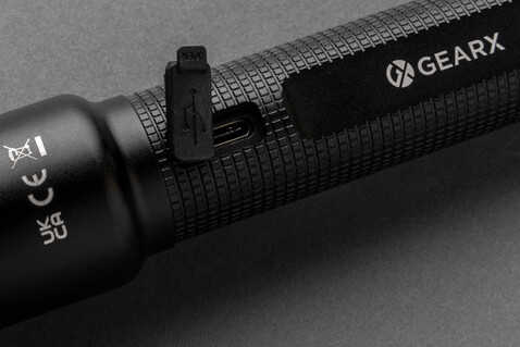 Große Gear X Taschenlampe aus RCS recycelt. Alu mit USB-Akku schwarz bedrucken, Art.-Nr. P513.921