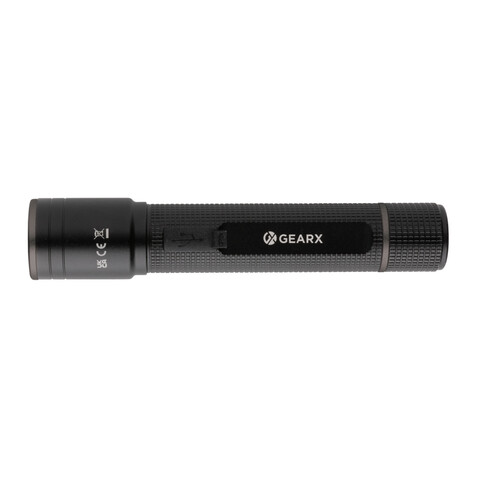 Gear X Taschenlampe aus RCS recycelt. Aluminium mit USB-Akku schwarz bedrucken, Art.-Nr. P513.901