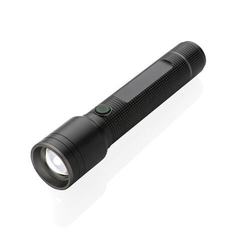 Große Gear X Taschenlampe aus RCS recycelt. Alu mit USB-Akku schwarz bedrucken, Art.-Nr. P513.921