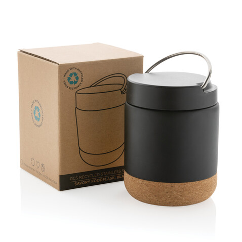 Savory Lebensmittelflasche aus RCS recycelt. Stainless-Steel schwarz bedrucken, Art.-Nr. P435.301