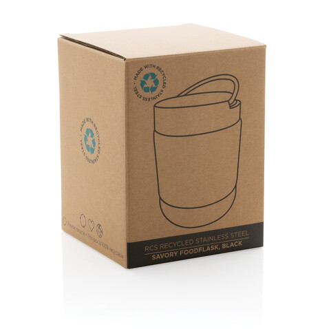 Savory Lebensmittelflasche aus RCS recycelt. Stainless-Steel schwarz bedrucken, Art.-Nr. P435.301
